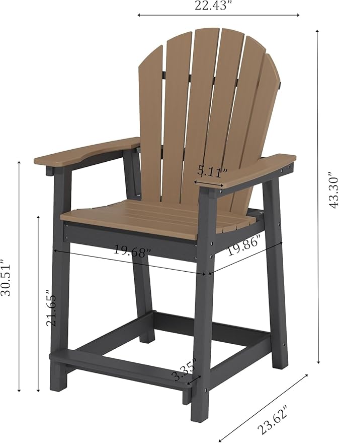 Tall Adirondack Chairs, Outdoor Bar Height Chair for Patio, Heavy-Duty Tall Adirondack Chair, Weatherproof HDPE Chairs for Deck, Poolside, Brown and Black