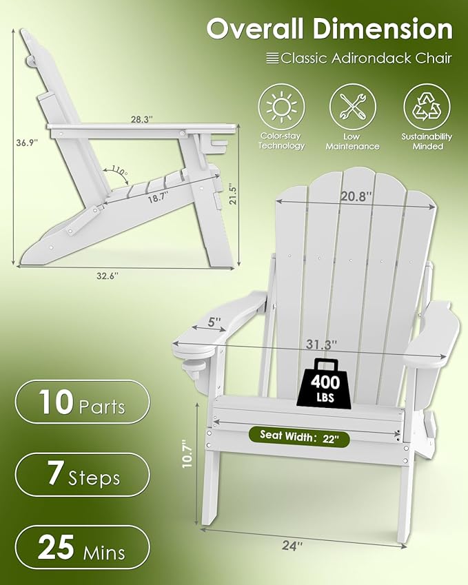 GREENVINES Oversized-Folding-Adirondack-Chairs-Set-of-2 | HDPE Plastic | Cup Holder | Fire Pit Chair | All Weather | for Outdoor Deck Backyard | White