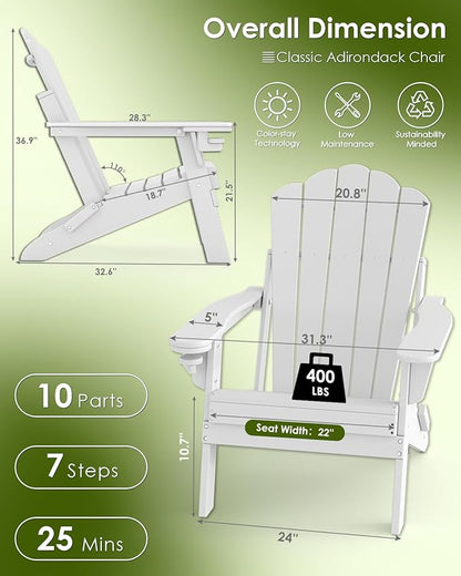 GREENVINES Oversized-Folding-Adirondack-Chairs-Set-of-2 | HDPE Plastic | Cup Holder | Fire Pit Chair | All Weather | for Outdoor Deck Backyard | White