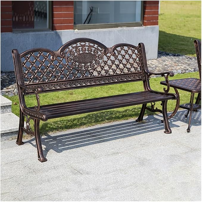 Outdoor Bench Chair Cast Aluminum Park Bench Large All Weather Metal Garden Bench for Backyard Porch Lawn (155cm Bronze Bench)