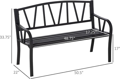 50" Metal Garden Benches for Outside, Front Porch Bench with Smooth Armrests, Patio Yard Benches with Slatted Seat for Outdoors Park/Entryway/Backyard (Black)