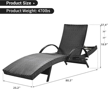 Yayzy 80'' Long Outdoor Wicker Chaise Lounge Chairs Set of 2, Patio Rattan Reclining Chair with Adjustable Backrest & Armrests, Durable PE Rattan Sunbathing Chairs for Pool, Garden, Backyard, Black