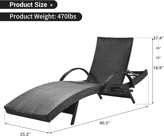 Yayzy 80'' Long Outdoor Wicker Chaise Lounge Chairs Set of 2, Patio Rattan Reclining Chair with Adjustable Backrest & Armrests, Durable PE Rattan Sunbathing Chairs for Pool, Garden, Backyard, Black