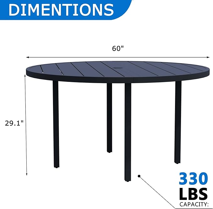 60" Round Outdoor Patio Table for 8, Metal Black Dining Table with Adjustable Umbrella Hole, Garden, Backyard & Deck Bistro Table