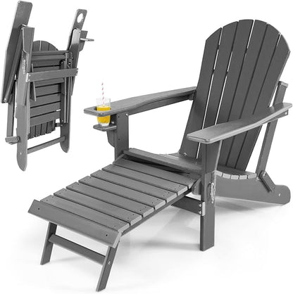 Giantex Folding Adirondack Chair, HDPE Patio Chairs Fire Pit Lounge Chair W/Retractable Ottoman & Cup Holder, Weatherproof Outdoor Adirondack Chairs for Porch, Garden, Backyard (1, Gray)
