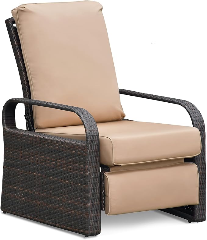 ATR ART TO REAL Outdoor Recliner, Set of 2 Wicker Reclining Chair with Coffee End Side Table, Aluminum Frame Patio Chaise Lounge Chairs with Thicken Cushions (Khaki)