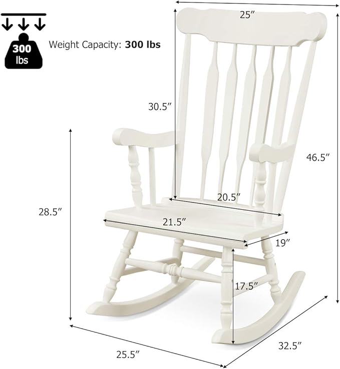 Giantex Outdoor Wood Rocking Chair Set of 2 - Patio Rocking Chair with Rubber Wood Frame, Slat Back, Outside & Indoor Rocker for Garden, Poolside, Balcony, Backyard, Lawn, Front Porch Rocker, White
