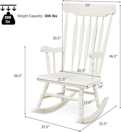 Giantex Outdoor Wood Rocking Chair - Patio Rocking Chair with Solid Rubber Wood Frame, Slat Back, Outside & Indoor Rocker for Garden, Poolside, Balcony, Backyard, Lawn, Front Porch Rocker, White