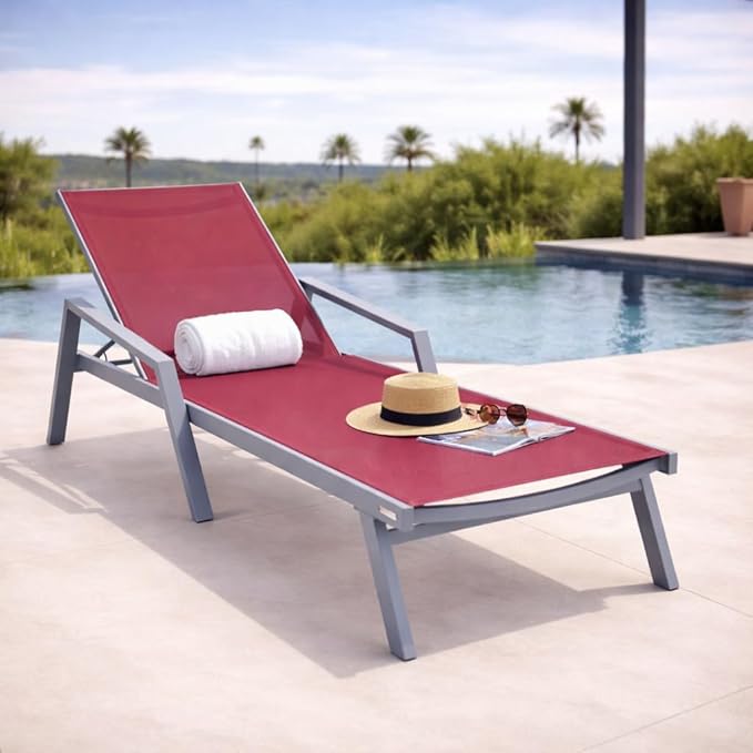 LeisureMod Marlin Patio Chaise Lounge Chair, Adjustable Outdoor Grey Aluminum Lounge with Breathable Mesh Sling Back, Lightweight Poolside Reclining Sun Lounger Weather & UV Resistant (Burgundy)