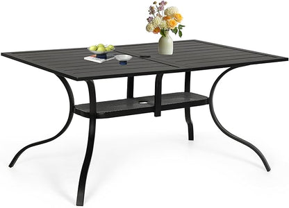Betterland Patio Rectangular Dining Table 60" x 37" Outdoor Metal Steel Frame & Slat Tabletop with 1.57" Umbrella Hole for 6-8 Person, Classic Black