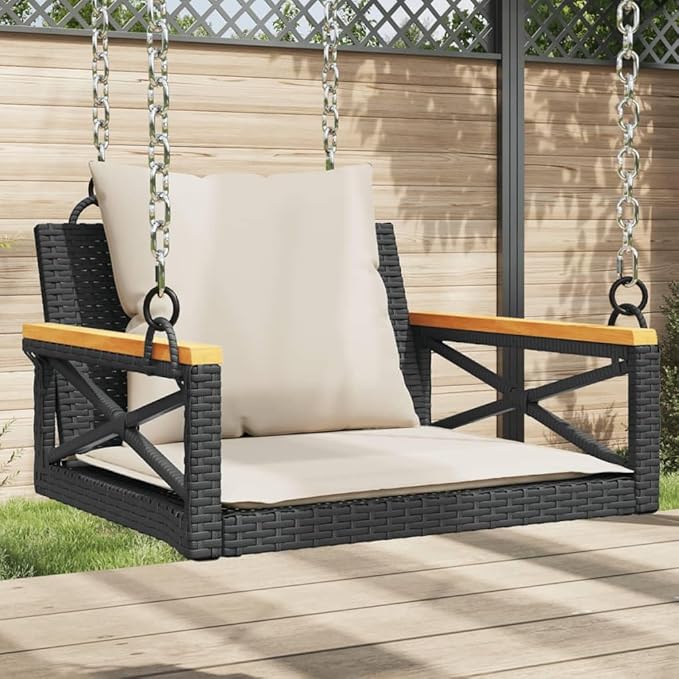 Swing Bench Black and Cream White with Cushions, 4-Piece Outdoor Patio Furniture Set for Garden, Backyard, Balcony - Photo 1