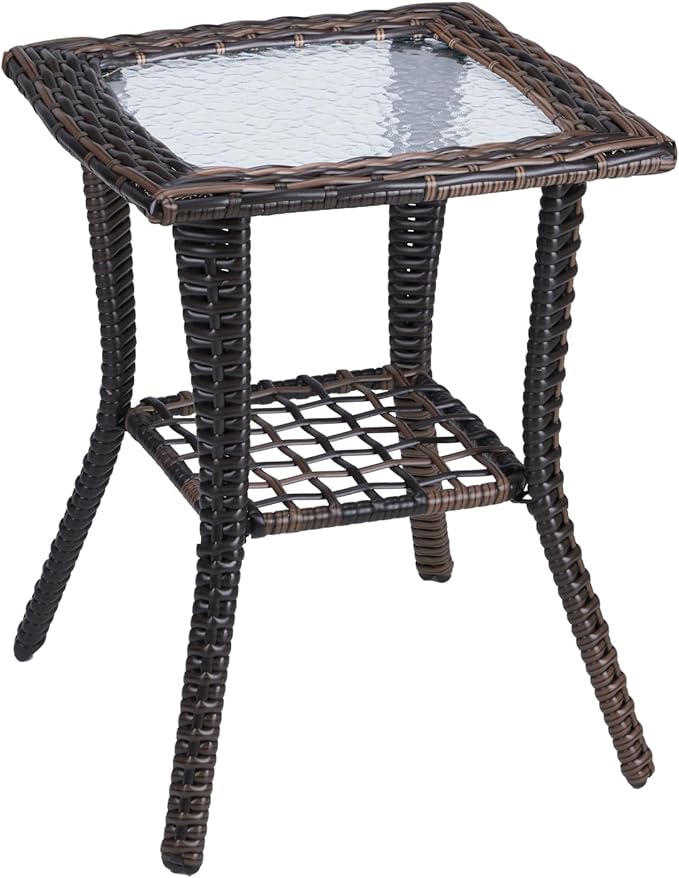 Outdoor Glass Side Table, End Table with Glass Top, Patio Coffee Bistro Table for Indoor Garden Porch Balcony (Brown, Square 18x18x23in)