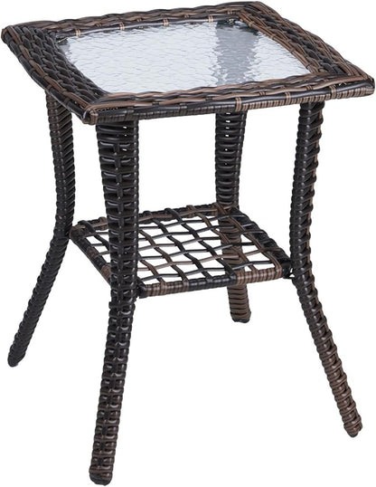 Outdoor Glass Side Table, End Table with Glass Top, Patio Coffee Bistro Table for Indoor Garden Porch Balcony (Brown, Square 18x18x23in)