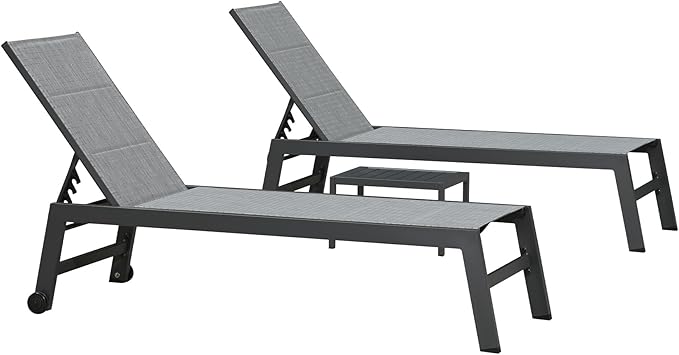 PURPLE LEAF Outdoor Chaise Lounge Set of 4 Aluminum Patio Lounge Chair with Wheels and Side Table Pool Chaise Lounge Chair for Outdoor Backyard Poolside Mixed Grey (4 Lounges Chairs W/Table)