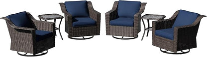 6 Pieces Patio Conversation Furniture Set - 4 Swivel Chairs, 2 Side Tables, Outdoor Wicker Furniture with Removable Cushions for Porch, Sunroom (Blue)