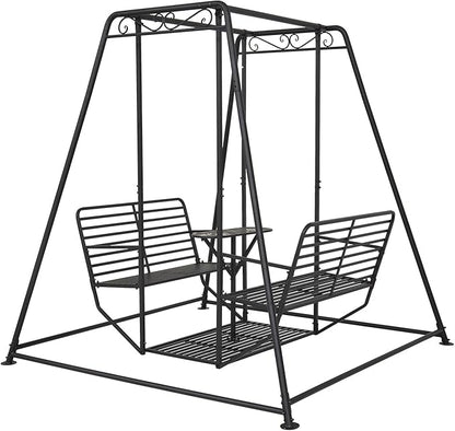 87”H Metal Swing Chair w/Table, Heavy Duty Outdoor Swing Bench with Stand, 4-Seat Swingsets for Patio Garden Yard, 880 LBS Weight Capacity, Easy Assembly, Black