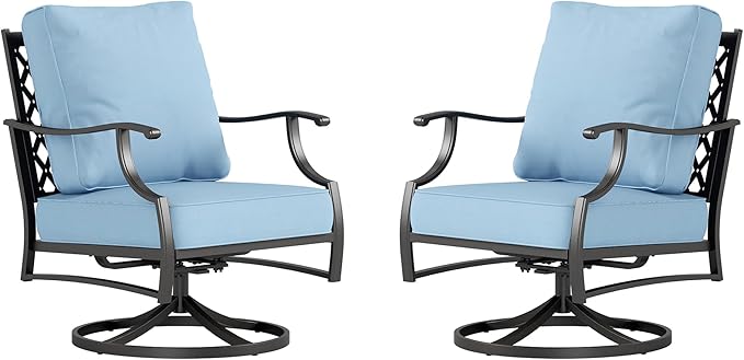 Metal Outdoor Swivel Patio Chairs Set of 2 with 5.75" Extra Thick Cushion, 2 Piece High Back Swivel Rocker Patio Chairs Outdoor Furniture Seating for Deck Balcony Front Porch, Blue