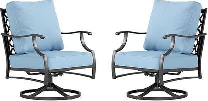 Metal Outdoor Swivel Patio Chairs Set of 2 with 5.75" Extra Thick Cushion, 2 Piece High Back Swivel Rocker Patio Chairs Outdoor Furniture Seating for Deck Balcony Front Porch, Blue