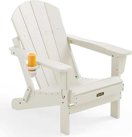 SERWALL Folding Adirondack Chair with Cup Holder, HIPS Adirondack Chairs Outdoor Chairs Weather Resistant Fire Pit Chairs- White