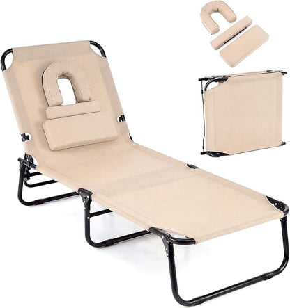 Giantex Tanning Chair, Adjustable Patio Lounge Chair w/Face Hole, Removable Pillows, Carry Strap, Layout Chair, Folding Beach Sunbathing Chair, Outdoor Chaise Lounge for Poolside Yard Lawn (1, Beige)