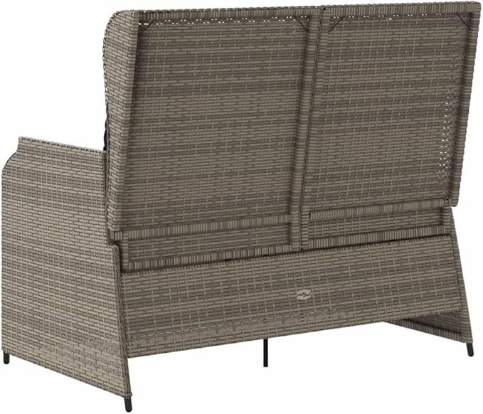 Outdoor Reclining Patio Bench, 2-Person PE Rattan Garden Seat with Adjustable Armrests and Removable Cushions, Grey All-Weather Furniture for Porch, Backyard, Balcony