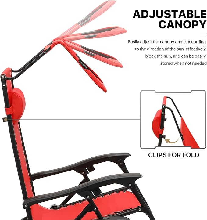 MoNiBloom Zero Gravity Chair Set of 2 with Canopy Shade, Patio Folding Anti Gravity Recliner, Foldable Outdoor Lounger with Cup Holder Tray for Beach Camping, Red