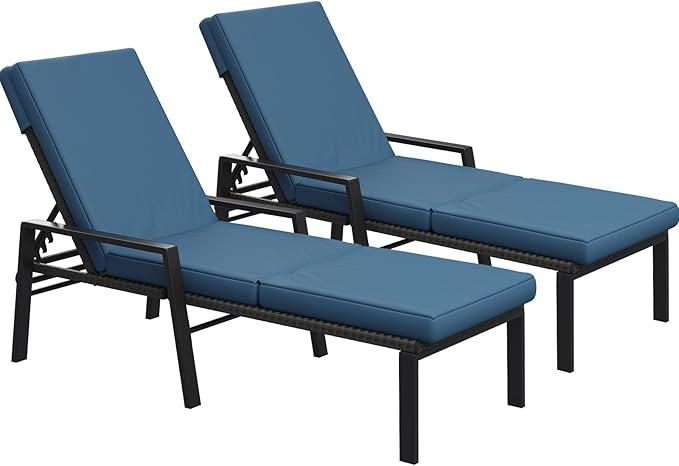 AECOJOY Lounge Chair Outdoor Set of 2, Adjustable Wicker PE Rattan Patio Chaise Chairs with Removable Cushion for Beach, Pool, Lawn, Black Rattan&Dark Blue Cuchion