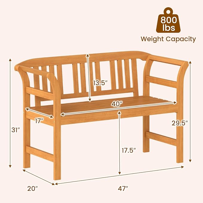 Tangkula Acacia Wood Outdoor Bench with Slatted Backrest, 2-Person Patio Wood Bench with Curved Armrests, Slatted Seat, Garden Bench Loveseat for Park, Yard, Lawn, Patio, 800 LBS Max Load