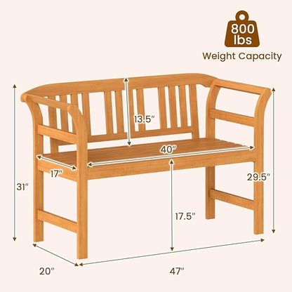 Tangkula Acacia Wood Outdoor Bench with Slatted Backrest, 2-Person Patio Wood Bench with Curved Armrests, Slatted Seat, Garden Bench Loveseat for Park, Yard, Lawn, Patio, 800 LBS Max Load