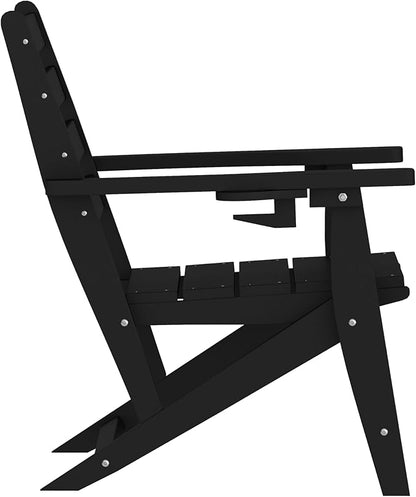 Flash Furniture Tolleson Adirondack Dining Chair with Cup Holder, Commercial Weather Resistant Recycled HDPE Adirondack Chair, Fold Out Cupholder, Black