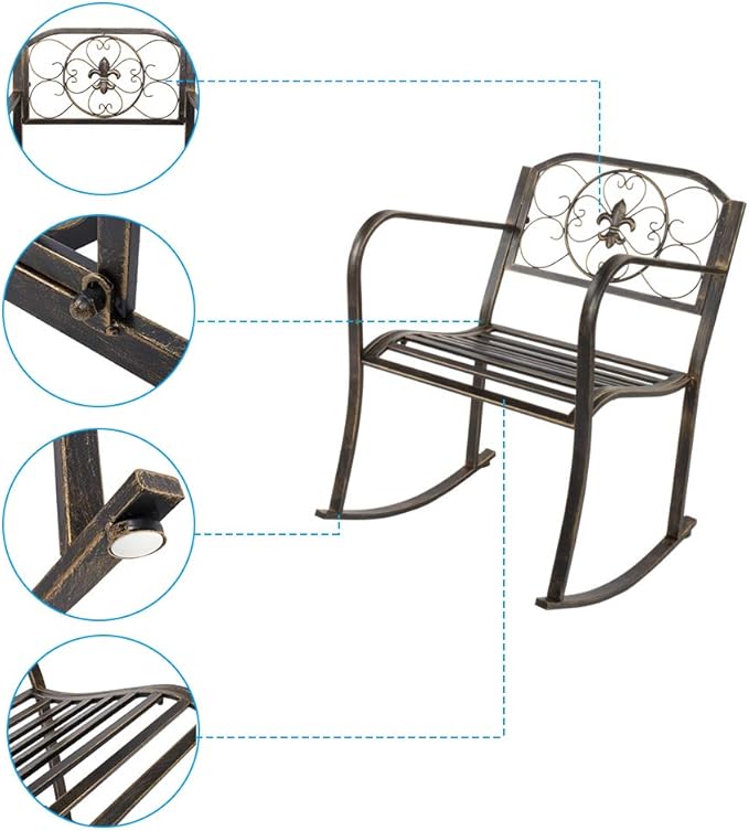 VINGLI Outdoor Rocking Chair, Heavy Duty 660 LBS Wrought Cast Iron Rocking Chair with Back & Armrest, Metal Patio Rockers for Porch, Backyard or Garden