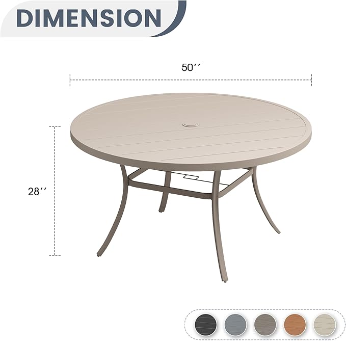 VICLLAX 50" Outdoor Round Patio Dining Table for 4-6, All Weather Metal Dining Table with Umbrella Hole for Deck Lawn Garden Backyard, Sandshell