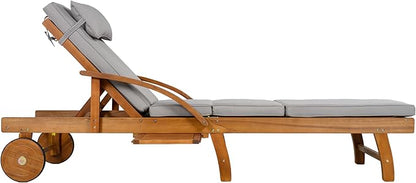 LUMISOL Acacia Wood Chaise Lounge Chair Set of 2, Patio Outdoor Chaise Lounge with Cushions, Adjustable Backrest, Leg Rest, Headrest, Retractable Side Tray for Patio, Pool, Garden, Grey
