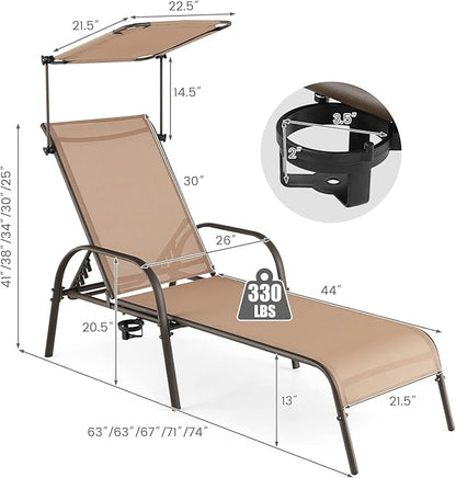 Giantex Patio Chaise Lounge Chair - Outdoor Beach Chair with Adjustable Canopy, Cupholder, 5-Level Backrest, Metal Frame Sunbathing Lounger for Outside, Poolside, Yard, Lawn Tanning Chair (2, Brown)
