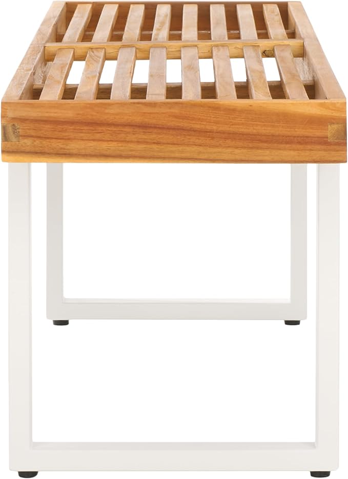 SAFAVIEH Outdoor Collection Monti Natural/White Solid Wood Bench, Ideal for Deck, Patio, Backyard, Sunroom