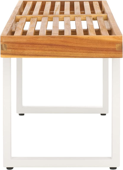 SAFAVIEH Outdoor Collection Monti Natural/White Solid Wood Bench, Ideal for Deck, Patio, Backyard, Sunroom