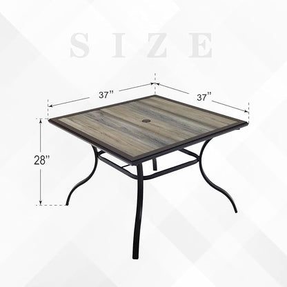 Outdoor Dining Table with Square Wooden-Like PVC Table Top and Umbrella Hole for Bistro, Garden, Poolside, Backyard, Laminated Top Black Metal Steel Frame