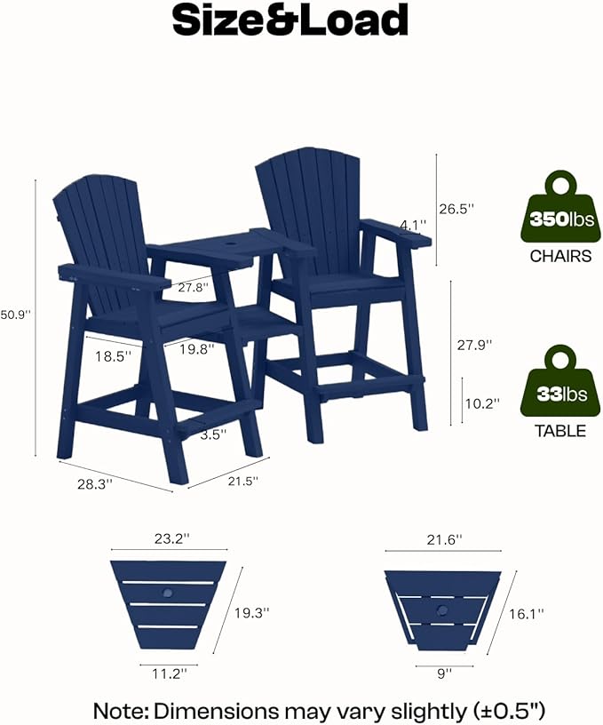 Tall Adirondack Chairs Set of 2, Heavy-Duty Patio Bar Chairs for Deck & Poolside (Dark Blue, 2-PC Bar Chair Set)