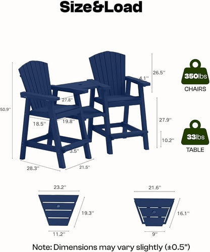 Tall Adirondack Chairs Set of 2, Heavy-Duty Patio Bar Chairs for Deck & Poolside (Dark Blue, 2-PC Bar Chair Set)