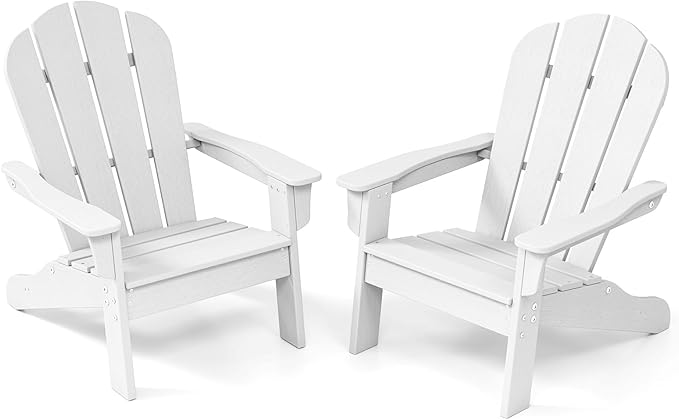 Costzon Adirondack Chair Set of 2, All-Weather HDPE Patio Chair with Armrests, Fire Pit Chair for Kids Ages 3-8, Outdoor Patio Lounge Chair for Garden, Lawn, Backyard (2, White)