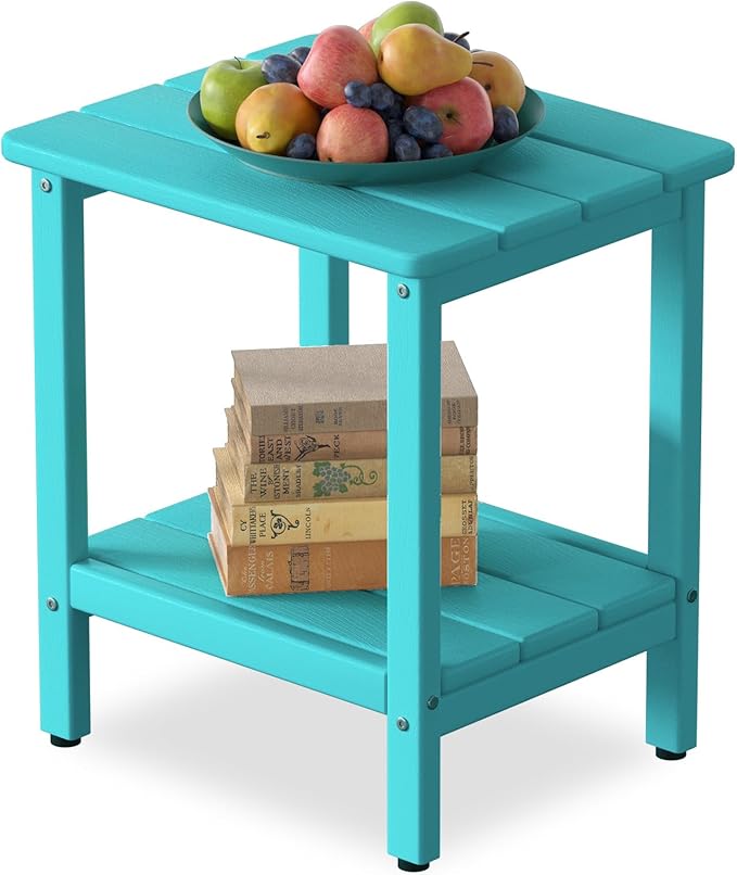 Outdoor Side Table, 17.7-Inch Small Patio Side Table with Adjustable Feet, All-Weather HDPE Adirondack End Table for Porch Deck Balcony Pool, Easy Maintenance, Aruba Blue