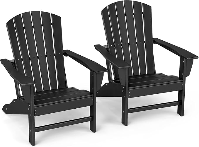 GREENVINES Adirondack Chairs Set of 2 | HDPE Plastic | Oversized Fire Pit Chair | All Weather | Black | Poly Lumber | for Outdoor Deck Backyard Patio Garden