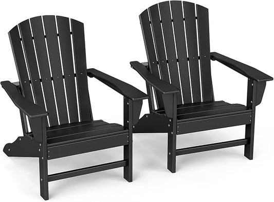 GREENVINES Adirondack Chairs Set of 2 | HDPE Plastic | Oversized Fire Pit Chair | All Weather | Black | Poly Lumber | for Outdoor Deck Backyard Patio Garden