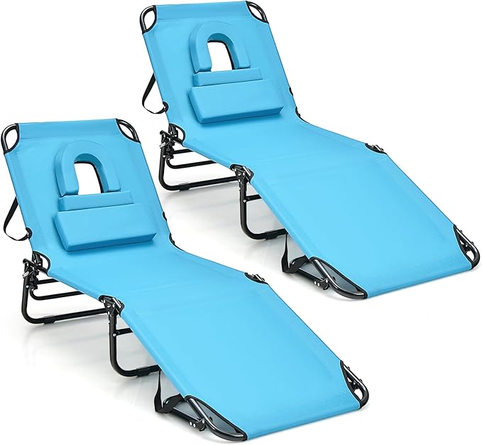 Goplus Tanning Chair, Folding Beach Lounge Chair with Face Hole, Removable Pillow, Carry Strap, Position Adjustable, Sunbathing Chair, Portable Outside Lounge Chair for Patio Pool