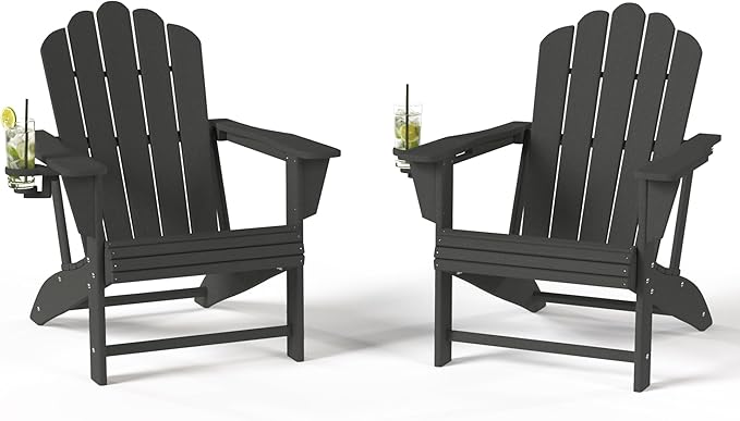 Costaelm Lakeview Outdoor Patio HDPE Adirondack Chairs with Cup Holders (Set of 2), Gray