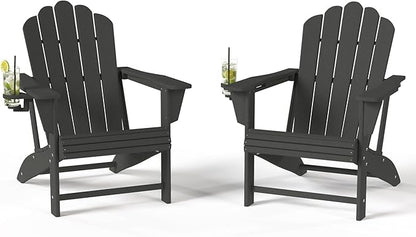 Costaelm Lakeview Outdoor Patio HDPE Adirondack Chairs with Cup Holders (Set of 2), Gray
