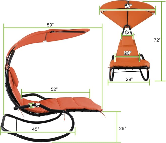 Outdoor Hammock Rocking Chaise Lounge Swing Chair, with Stand and Canopy, Porch Swing w/Soft Cushion Removable Headrest - Photo 2