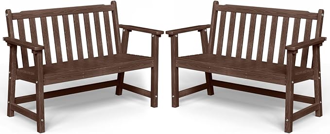 Outdoor Bench, 2-Person HDPE Garden Bench, All Weather Poly Patio Bench for Outdoors, Garden, Backyard, Porch and Park, 550 lbs Weight Capacity, Brown, 2 Pack
