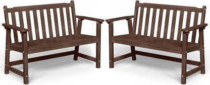 Outdoor Bench, 2-Person HDPE Garden Bench, All Weather Poly Patio Bench for Outdoors, Garden, Backyard, Porch and Park, 550 lbs Weight Capacity, Brown, 2 Pack