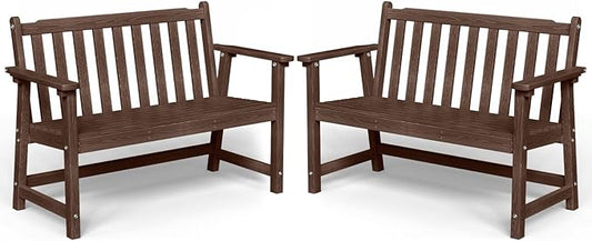 Outdoor Bench, 2-Person HDPE Garden Bench, All Weather Poly Patio Bench for Outdoors, Garden, Backyard, Porch and Park, 550 lbs Weight Capacity, Brown, 2 Pack